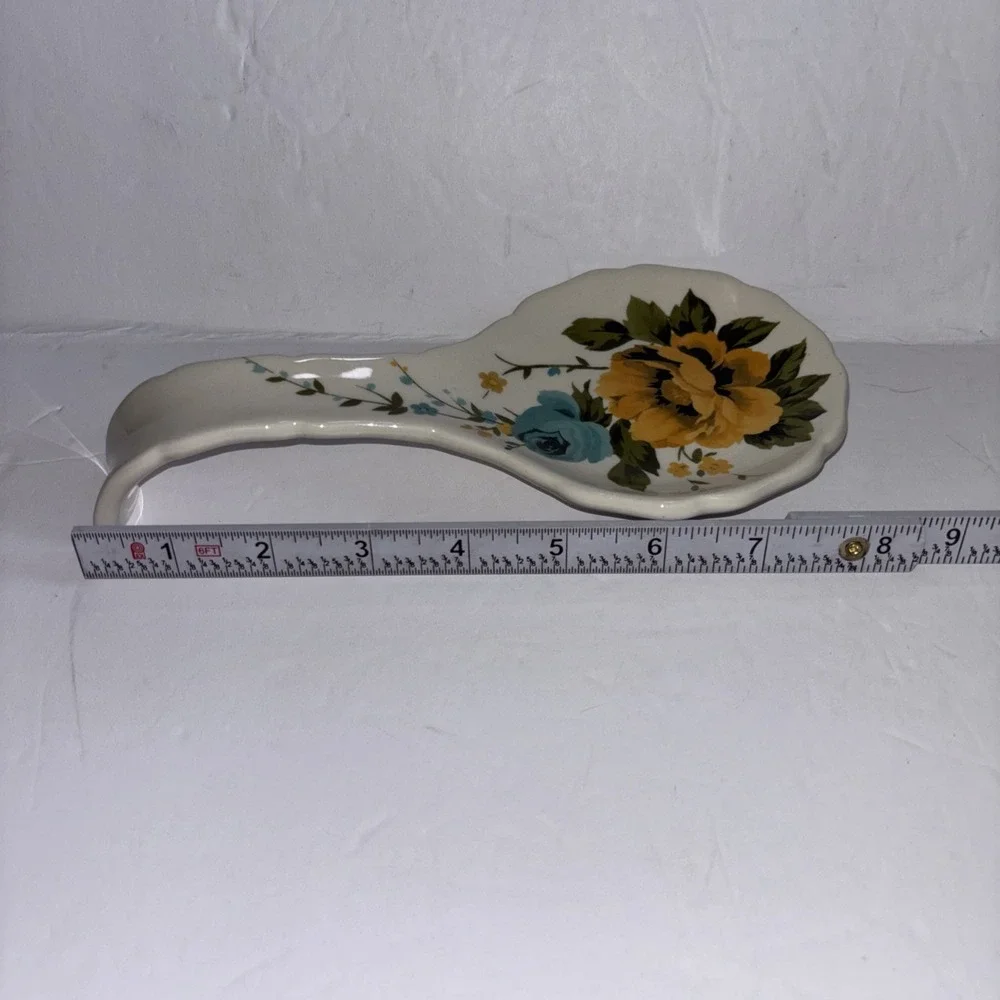 Pioneer Woman Retro Rose Shadow Yellow Floral Stoneware Spoon Holder  8.75